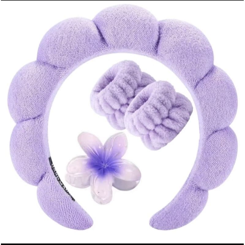 Tiara Acolchoada  maquiagem Kit Acessórios de Cabelo Feminino + 2 Scrunchies + Presilha Flor Lilás | Moda Coreana