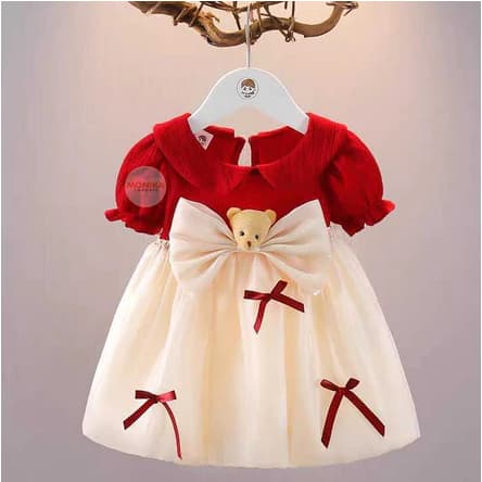 Vestido Infantil Princesa Menina Festa Aniversário Gola Boneca Manga Bufante Laço Ursinho 2 a 4 Anos
