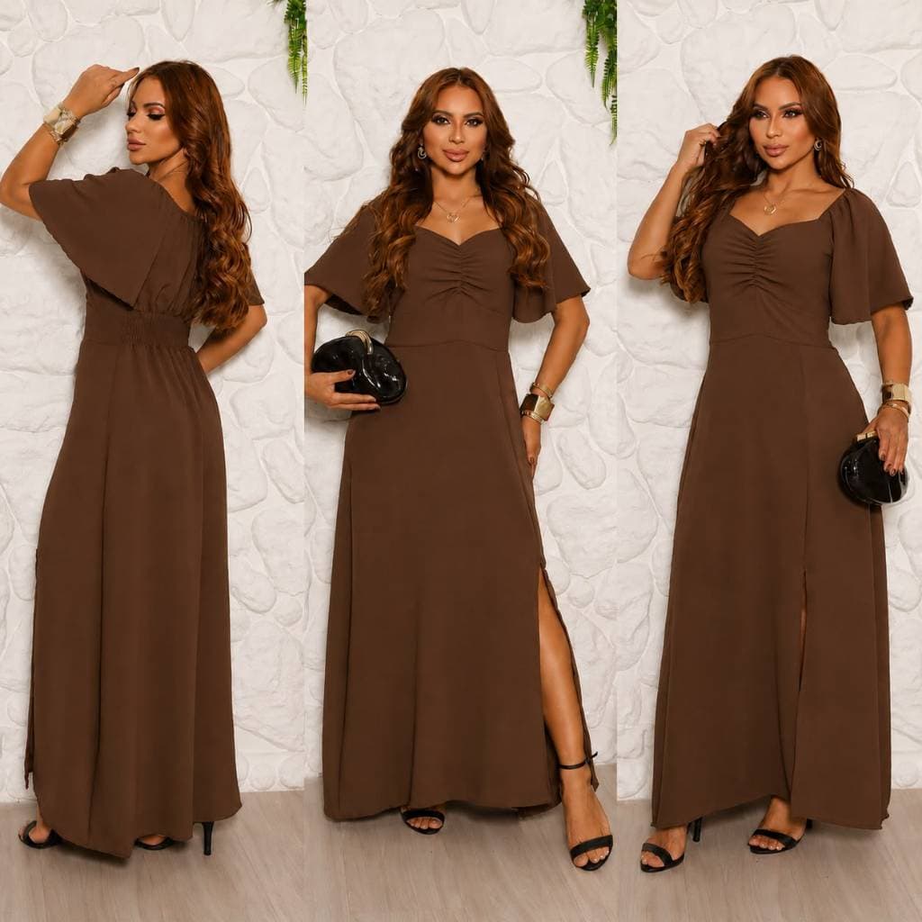 Vestido Longo Com Manga Flare Lastex Nas Costas Tecido Duna