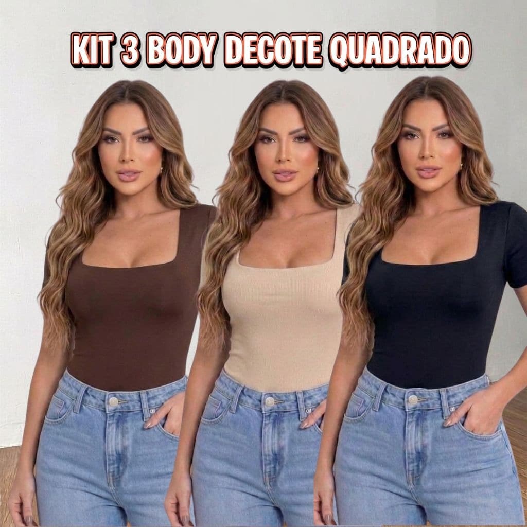 Kit 3 Peças Body Feminino Decote Quadrado Manga Curta Suplex Liso Verão Collant moda blogueira Blusa P M G GG