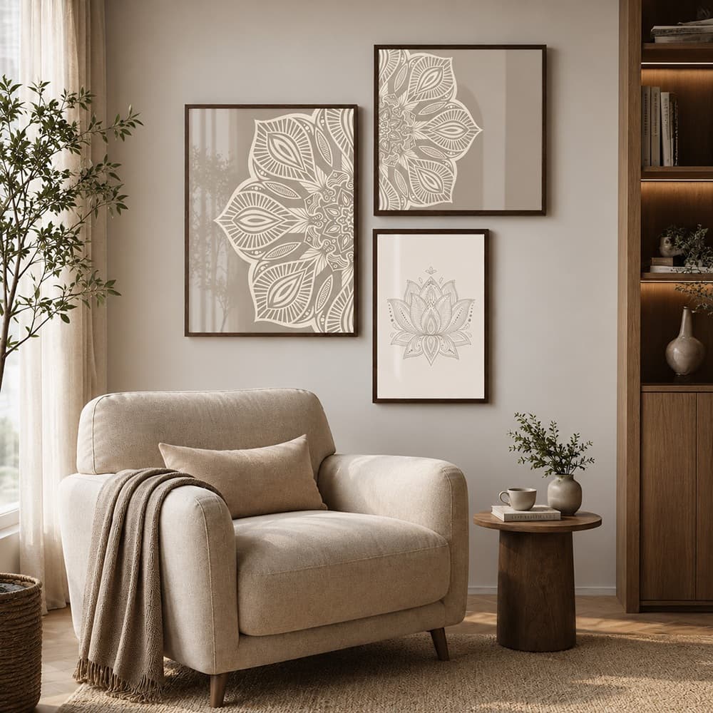 Quadro Decorativo Mandala Essência da  Meditação Kit 3 Peças Com Moldura