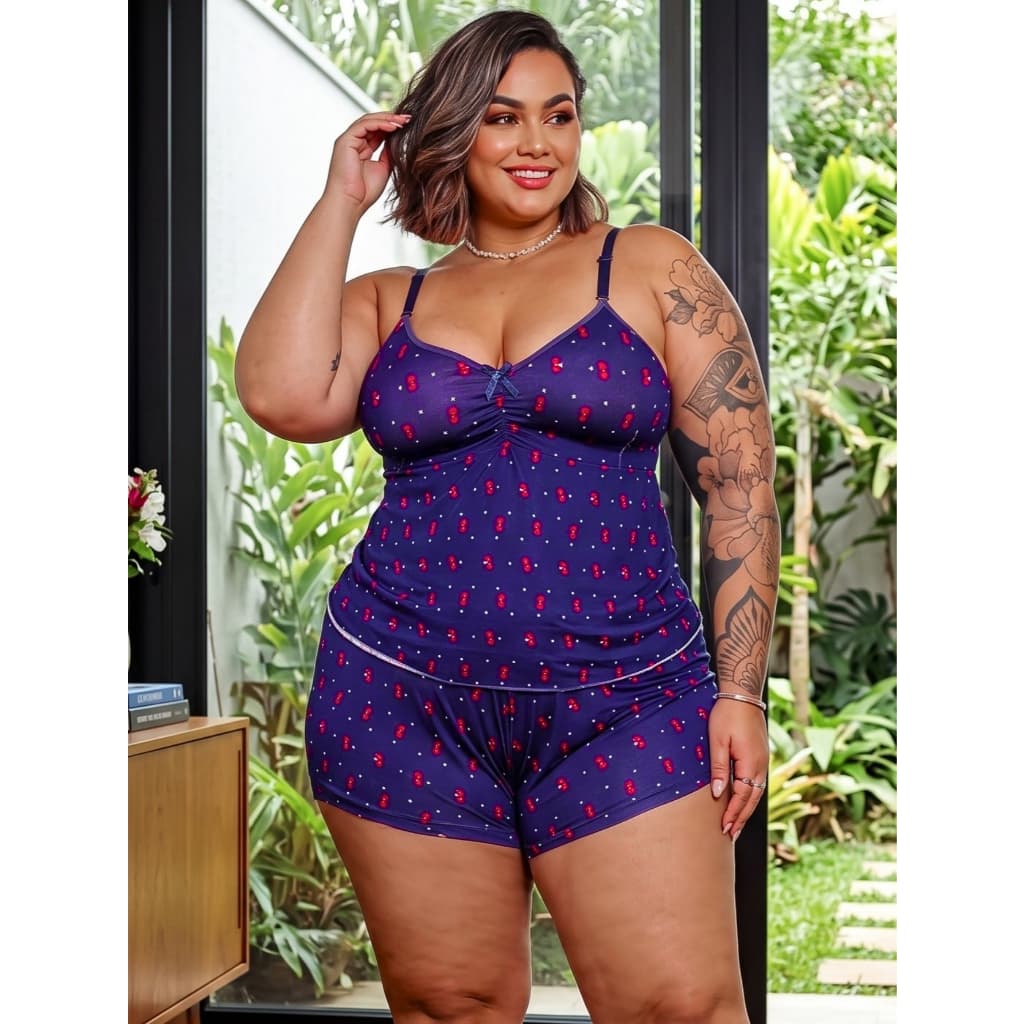 Conjunto Short Doll Plus Size Estampado Liganete Pijama Feminino Cores Sortidas Forrado