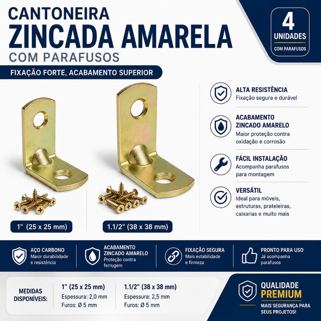 Kit 4 Cantoneiras Zincadas Amarelas com Parafusos 1" ou 1.1/2" Reforçada para Móveis e Estruturas
