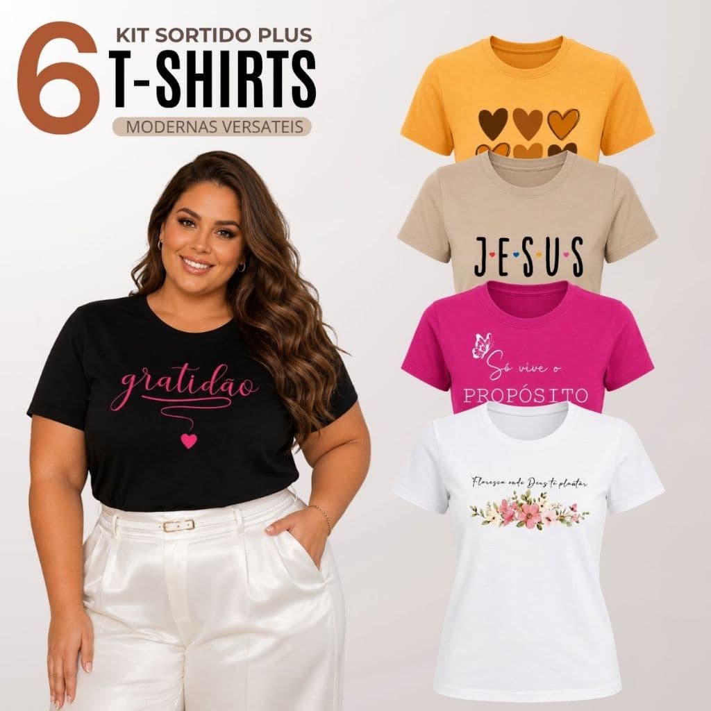 Kit 6 Blusa Feminina Plus Size Manga Curta Gola Redonda Básica Casual 100% algodão