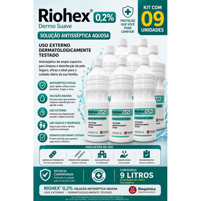 KIT 9 UNIDADES CLOREXIDINA 0,2% RIOHEX AQUOSA 1L - RIOQUIMICA
