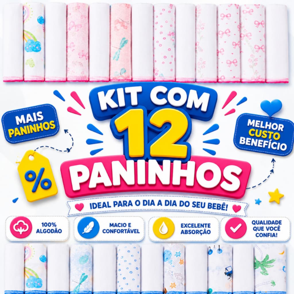 KIT 12 Pano de Boca Bebe Babete Karinho 30x30cm 100% Algodão Menino Menina