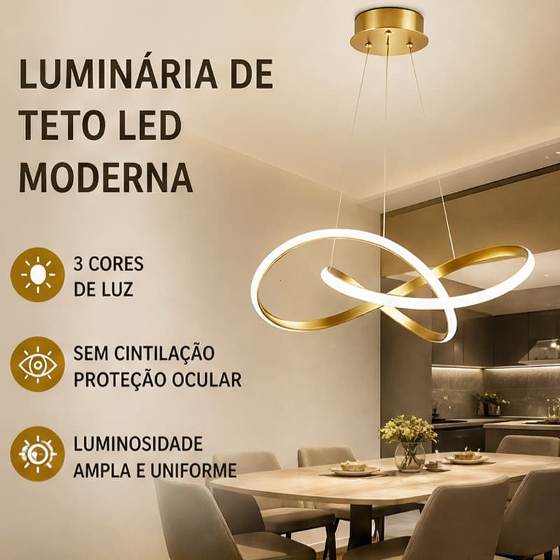 Lustre Pendente LED Dourado Moderno 3000K/4000K/6000K Bivolt Sem Cintilação Luminária Sala de Jantar