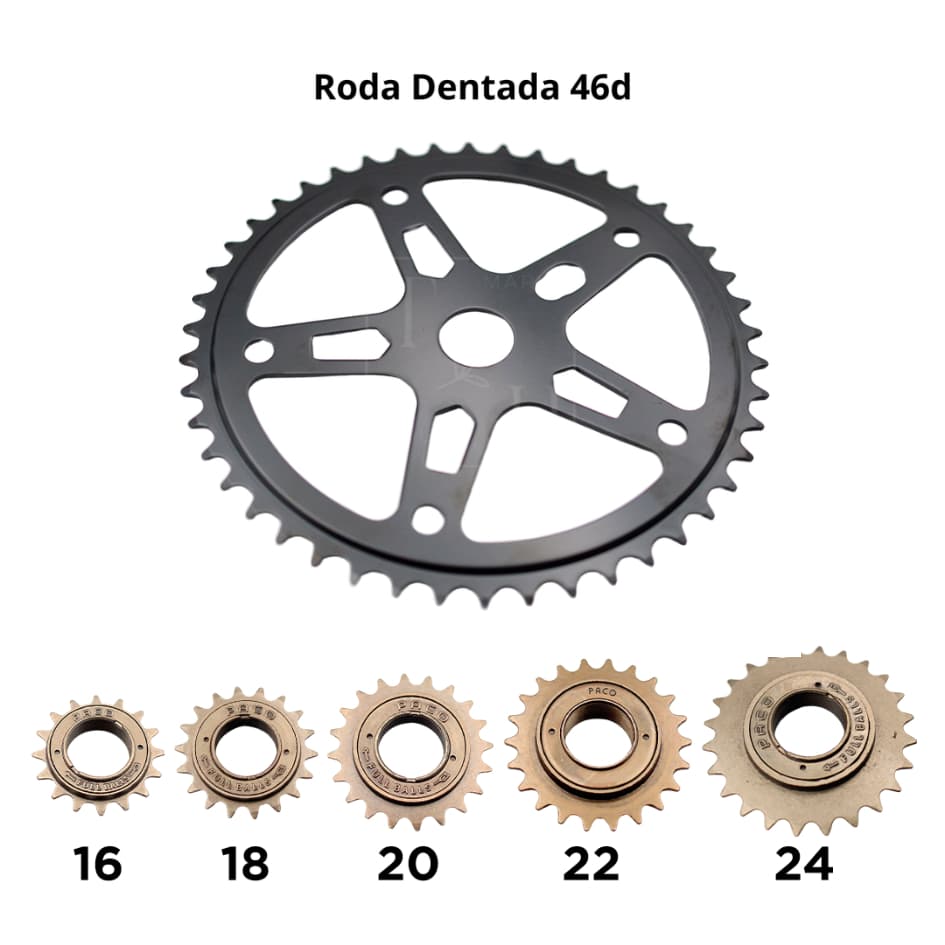 Kit Relação Bike Sem Marcha Coroa Roda Dentada 46 Dentes + Catraca Roda Livre 16 18 20 22 24 Dentes