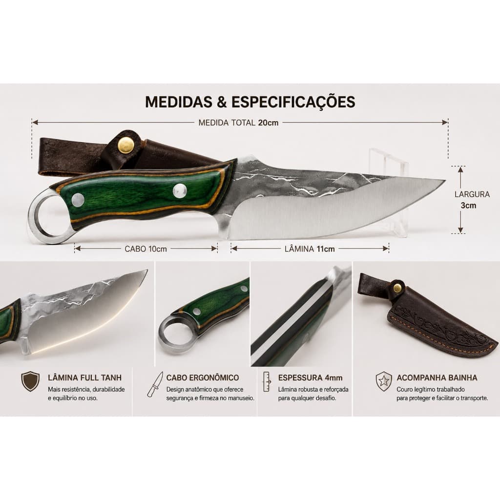 Faca Churrasco Artesanal Full Tang Aço Inox Cabo Madeira Bainha Couro Cutelaria Premium