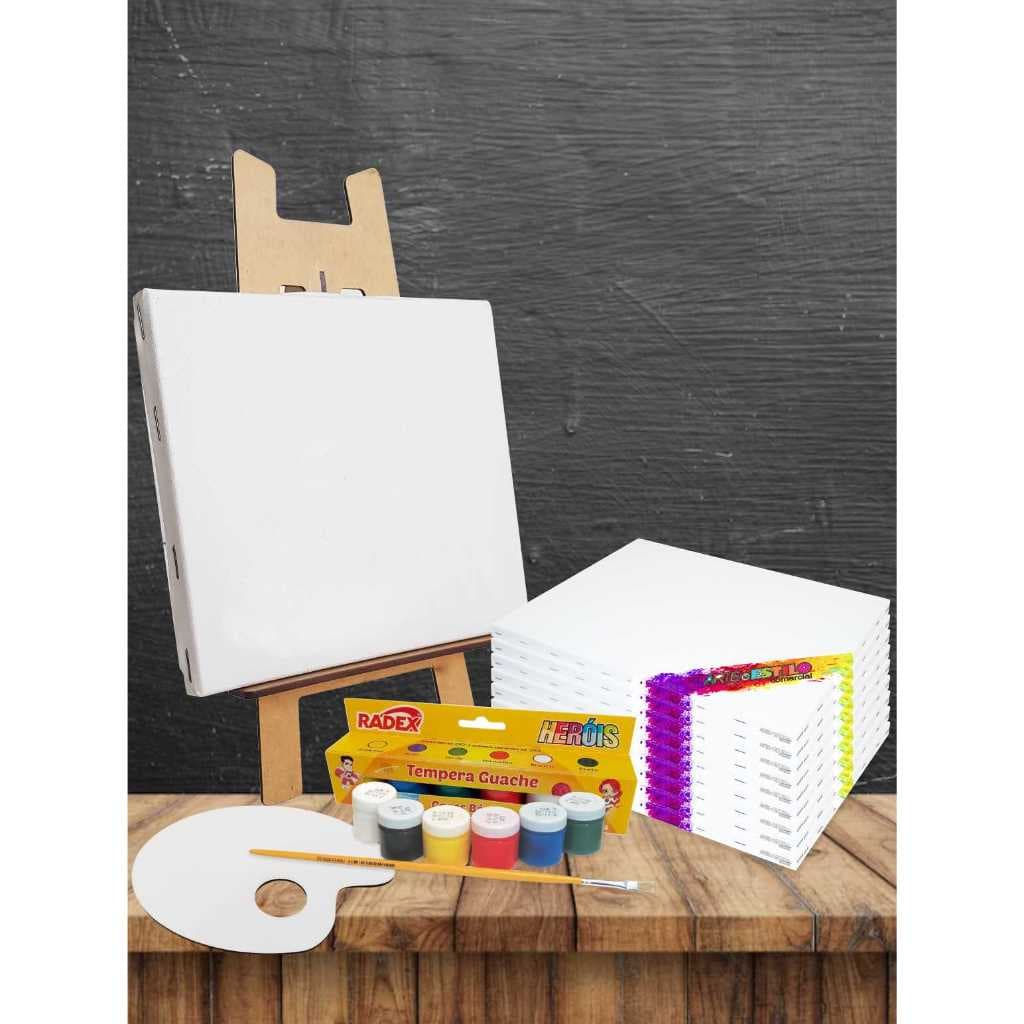 Kit 10 Telas Pintura 15x20 + 1 Mini Cavalete + Caixa com 06 Tintas + 1 Pincel + 1 Paleta p/ Pintura