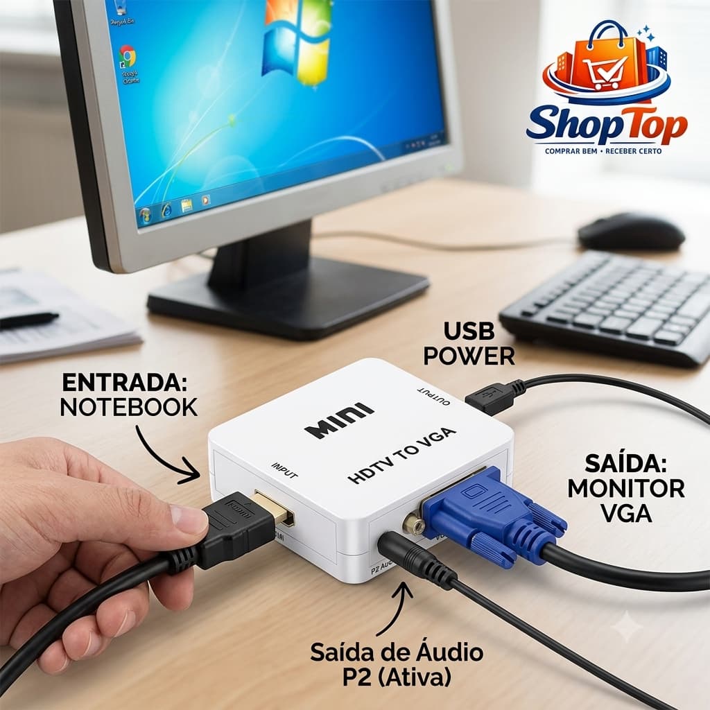 Conversor HDMI para VGA com Áudio P2 Adaptador Full HD 1080p Ativo USB para Monitor Projetor TV