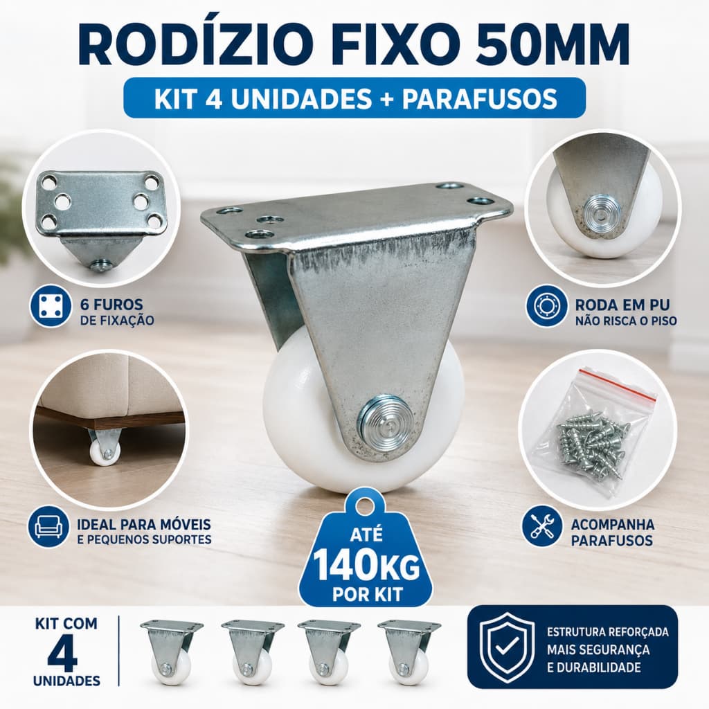 Kit 4 Rodinhas 50mm Fixo Silicone Branco Rodízios Para Móveis Anti Risco + Parafusos