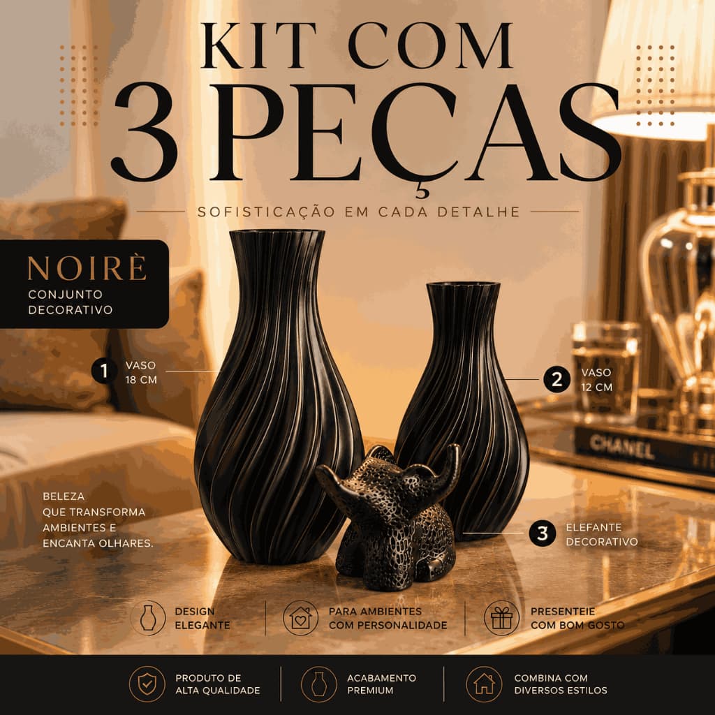 Kit com 2 Vasos + 1 Elefante Decorativo | Decoração Moderna e Minimalista