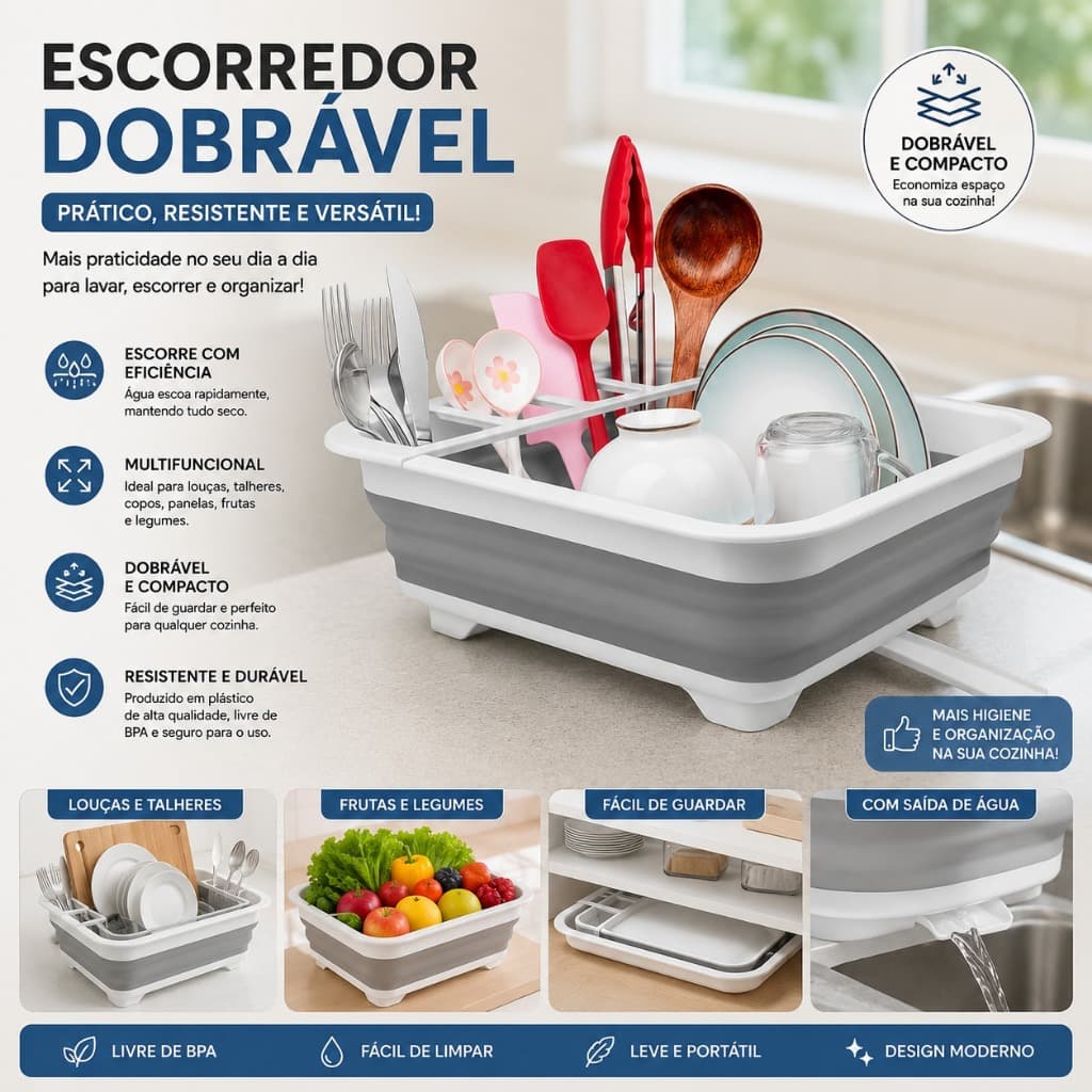 Escorredor de louça dobrável com tubo de drenagem, escorredores de pratos portáteis para balcão de cozinha,