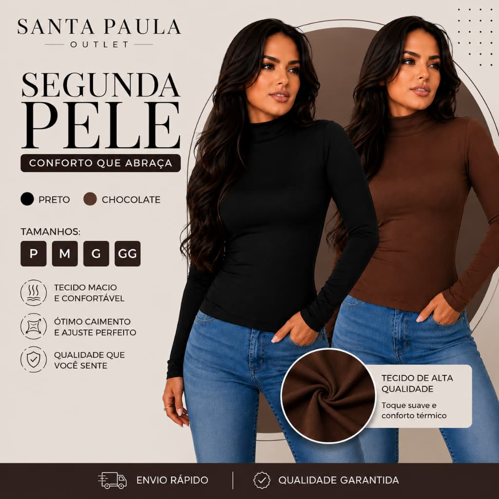 Blusa Feminina Gola Alta Segunda Pele Manga Longa Básica Confortável P ao GG