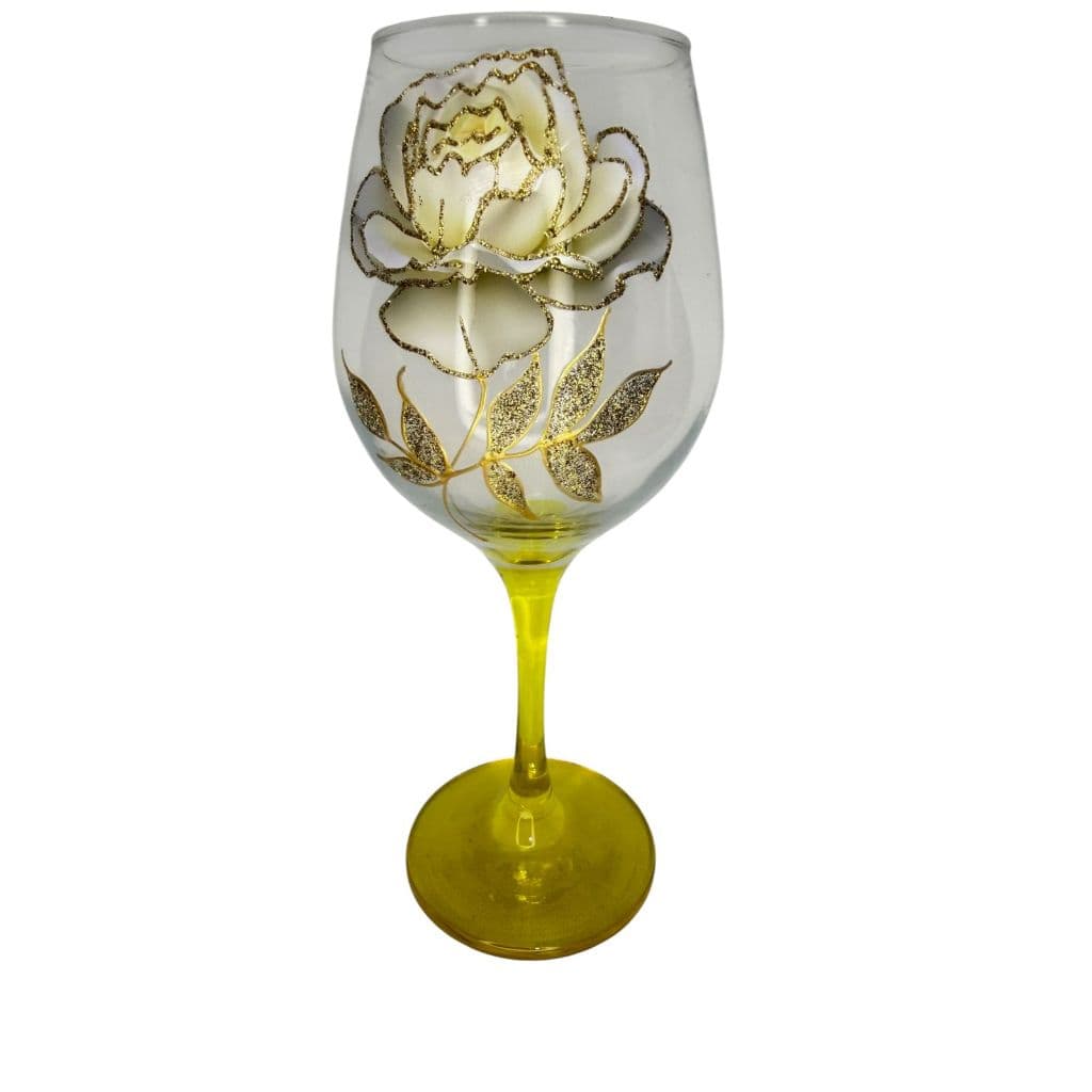 Taça Oxum Flor Branca e Amarela Detalhes Dourado Umbanda Candomble Vidro Luxo 380ml
