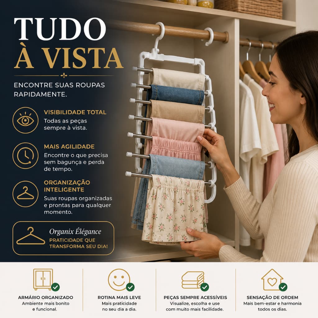 Cabide Organizador para Shorts Saias Roupas Íntimas 5 Hastes em Inox Organizador de Guarda-Roupa
