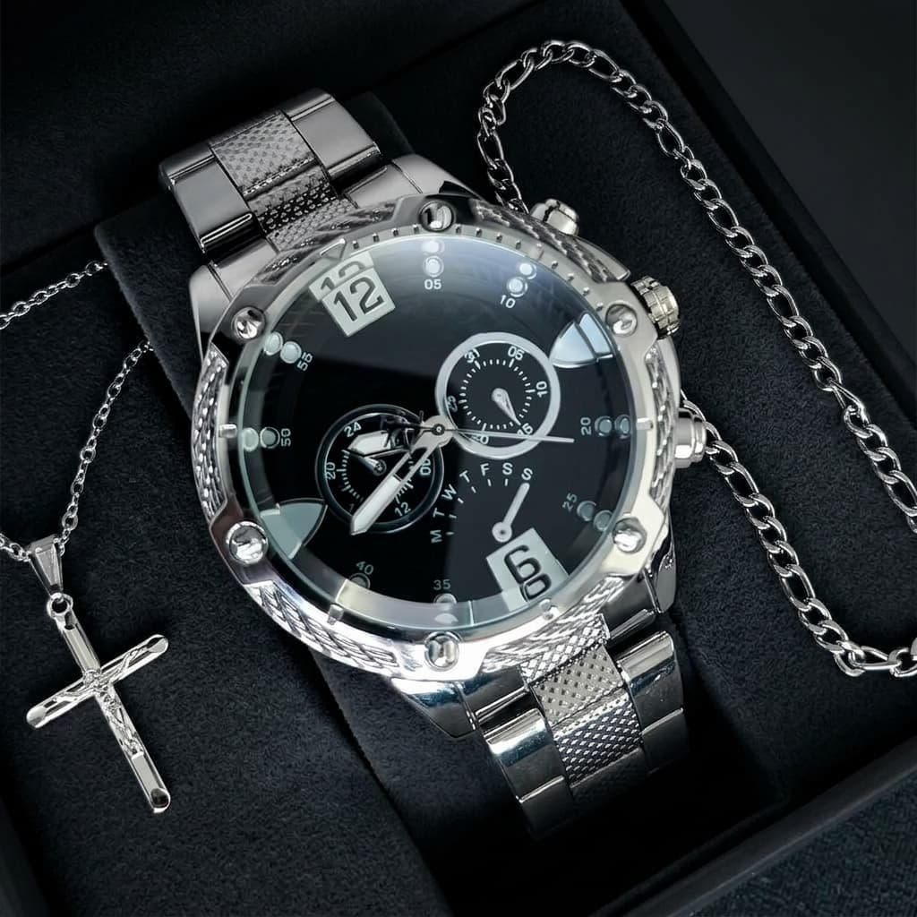Kit Relógio Masculino com Pulseira e Corrente Aço Inoxidável Social Presente Estiloso