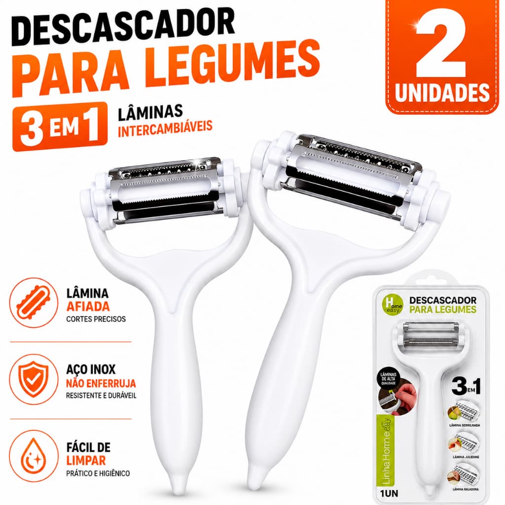 Kit de 2 e 3 Descascador de Legumes, 3 em 1 Inox Premium- Versátil e Praticidade na Sua Cozinha e Restaurante