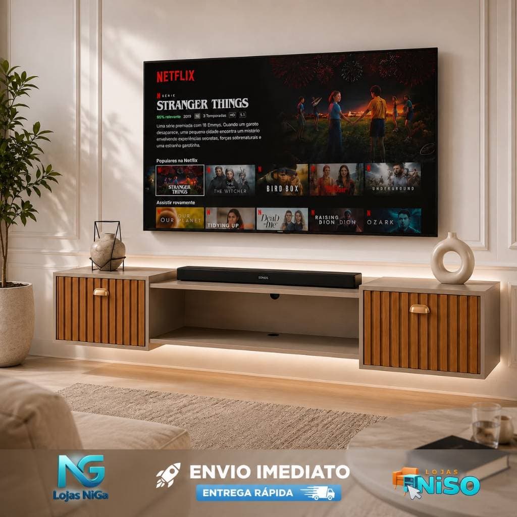 Rack Home Sala Bancada com pés e suspenso1.20 Niky / 1.80 Leao 2 Portas Moderno Para TV Até 50Pol ou até 75pol - LANCOU