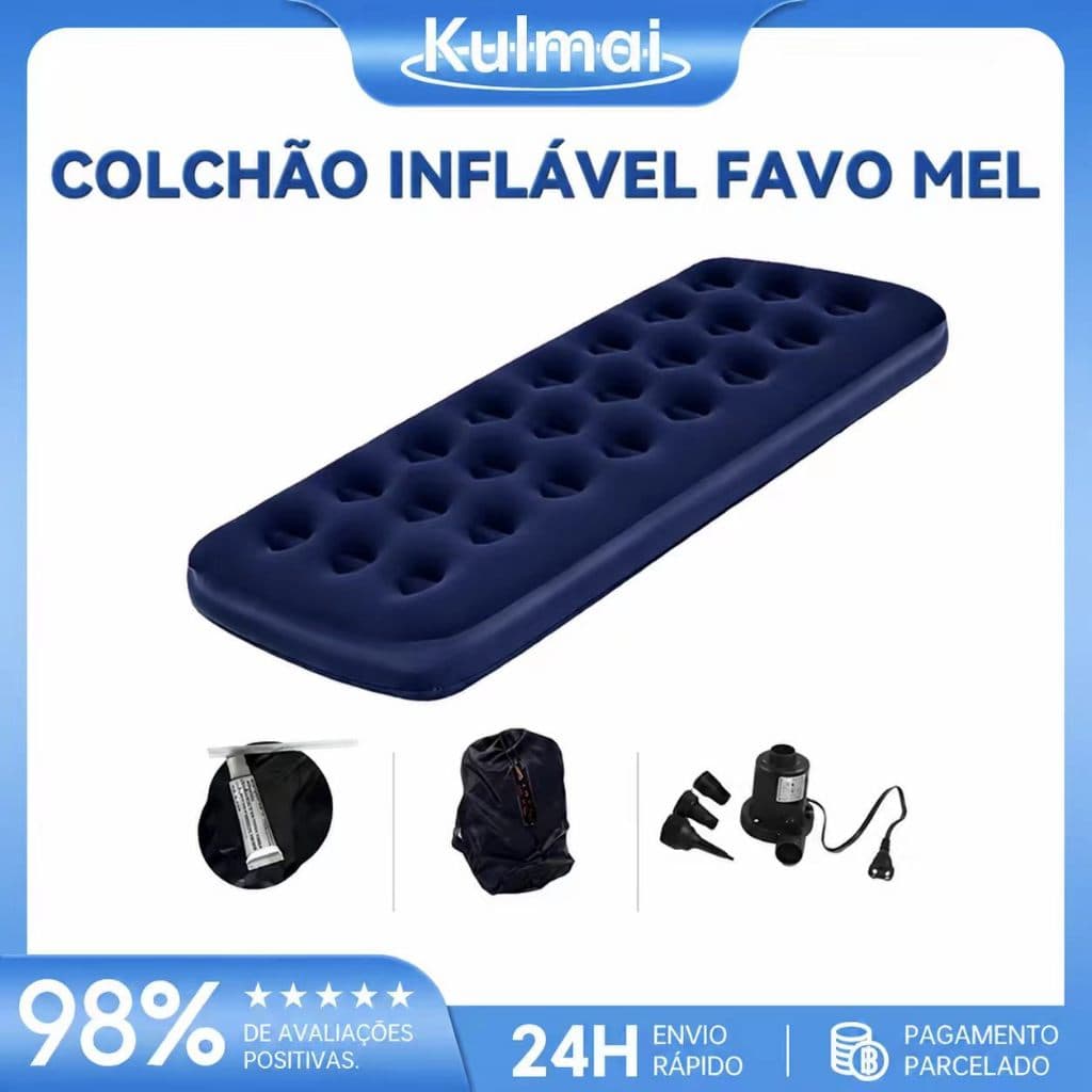 Colchão Inflável Casal Aveludado Suporta Até 200kg Azul Com bomba de ar manual