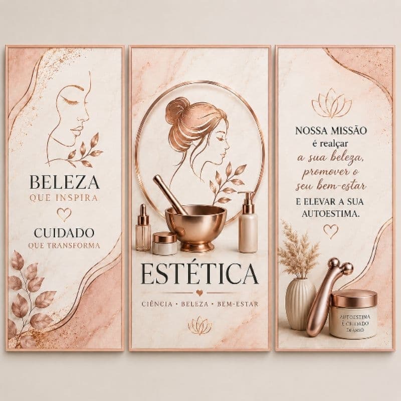 Quadro Decorativo Estética 3 Peças | Beleza que Inspira | Decoração para Clínica de Estética, Salão, Spa e Espaço Beauty