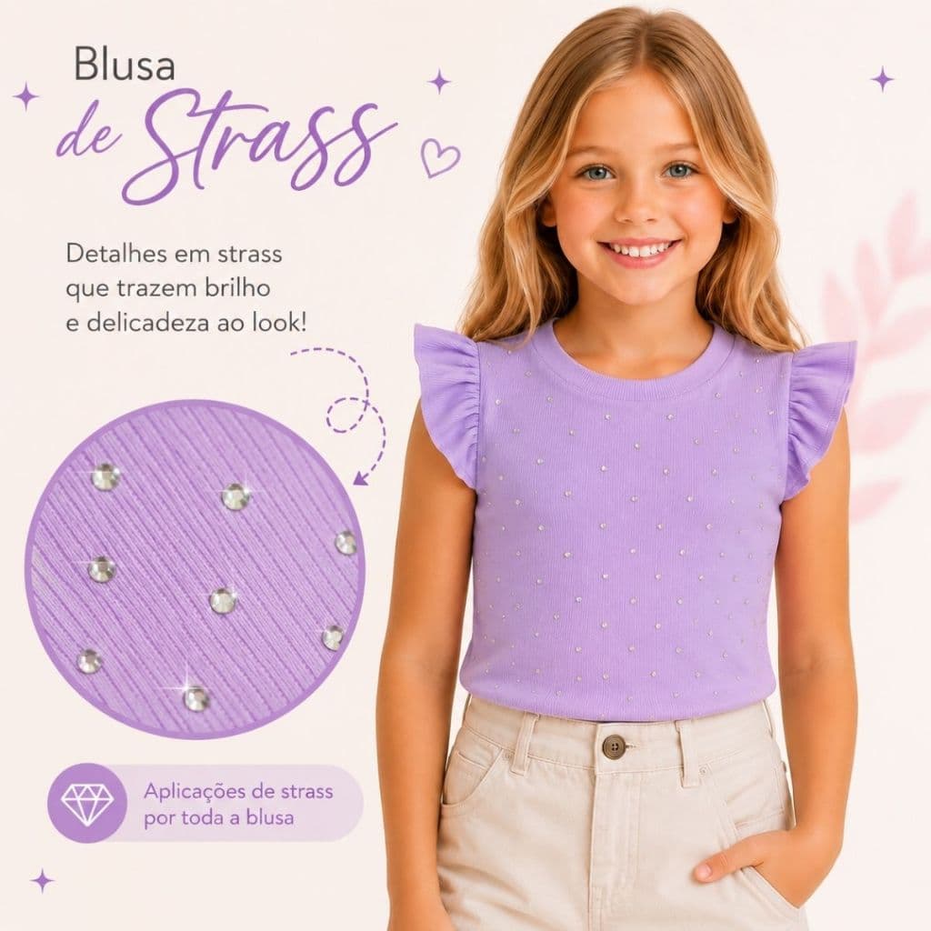 Blusa Blusinha Canelada Infantil Meninas Strass Blog Luxo 4 ao 12  - PB