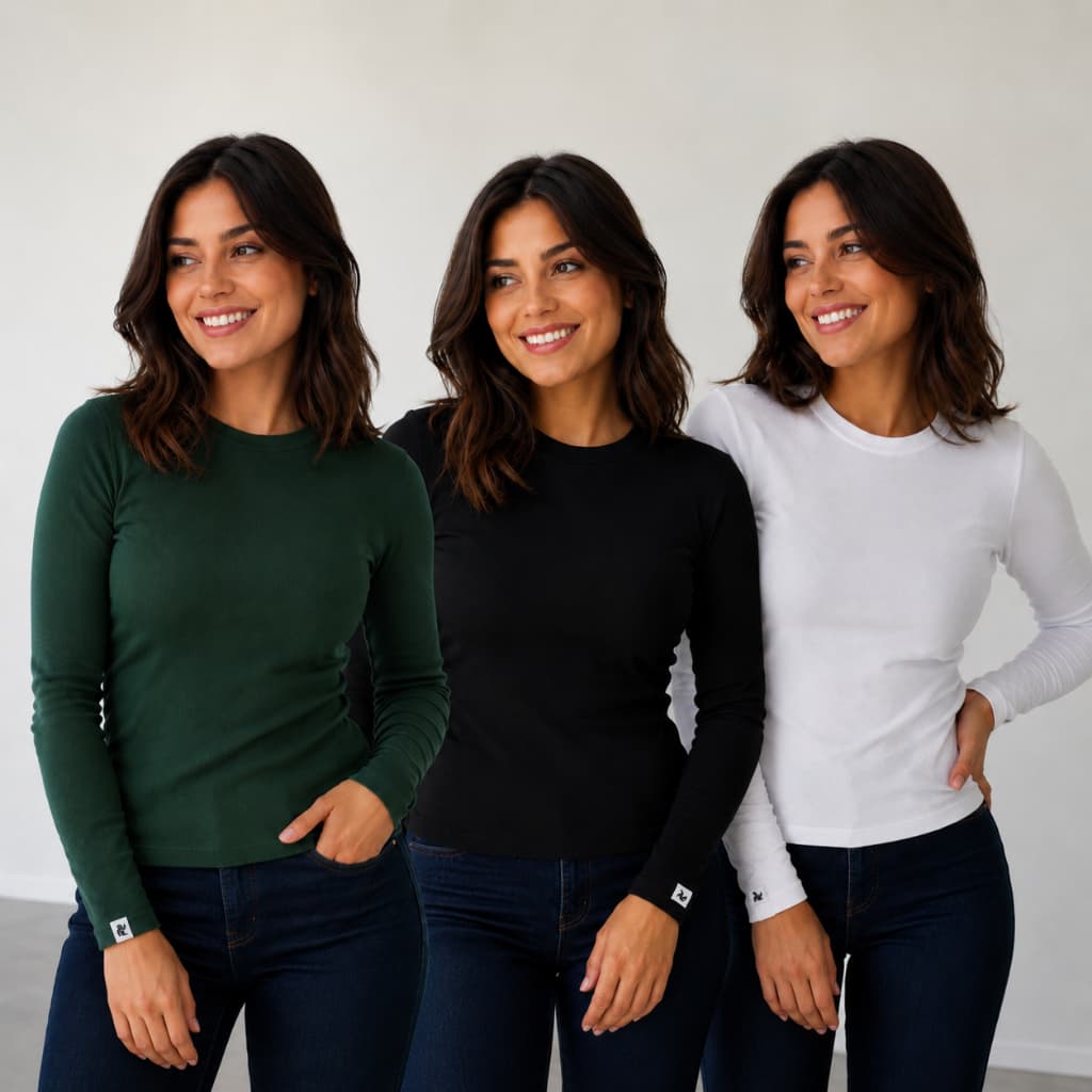 Kit 3 Blusas Feminina Manga Longa Canelada Cores Sortidas Casual Confort谩vel Inverno 2026