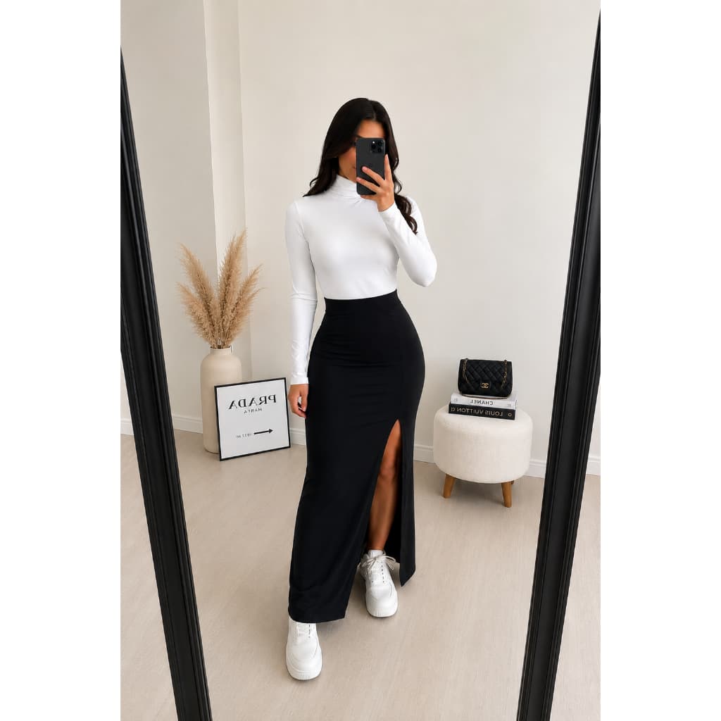 Conjunto Feminino Blusa Longa Gola Alta Manga Longa + Saia Midi Com Fenda Lateral