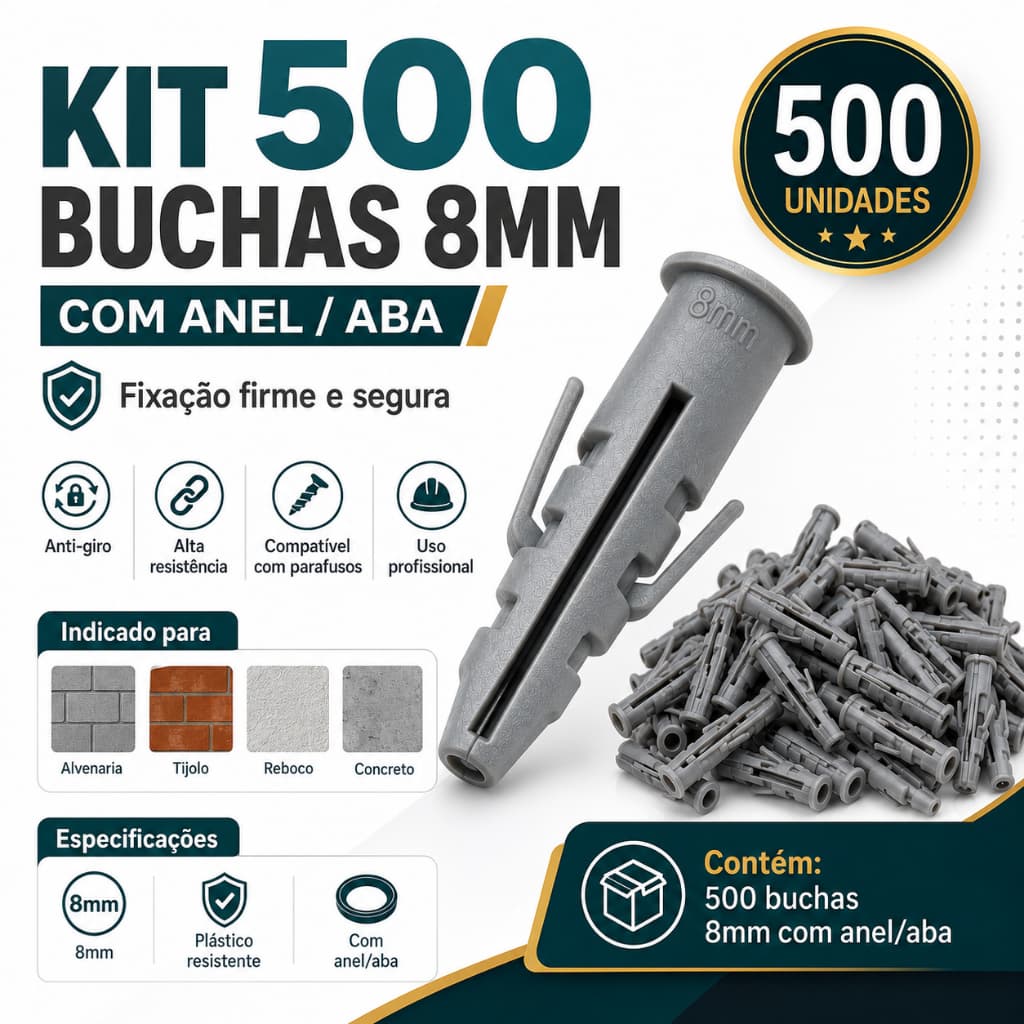 Buchas 8mm com Aba Plástica Fixação Reforçada 500 Unidades