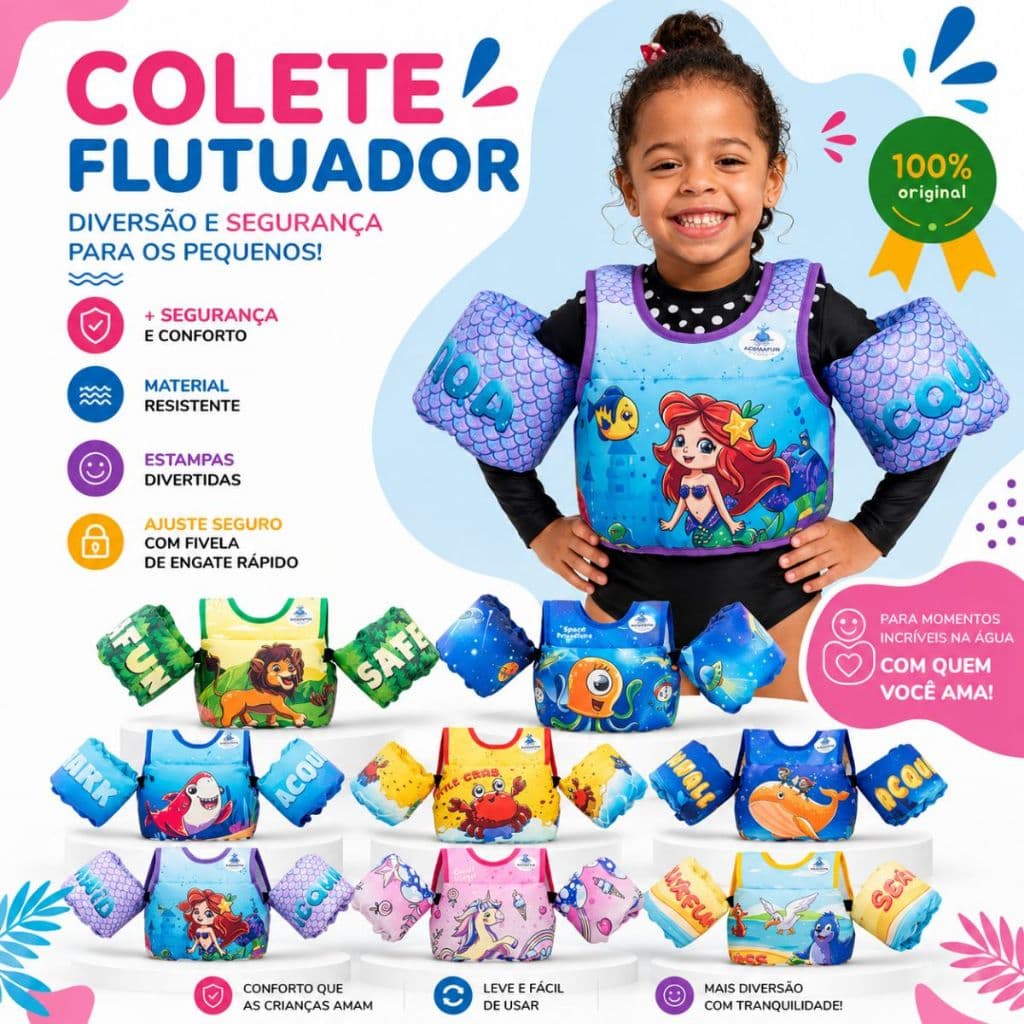 Boia Infantil Colete Flutuador Com Braços Para Crianças Acquafun Piscina Praia Mar Diversão Na Água 14 a 25kg 1 a 7 Anos