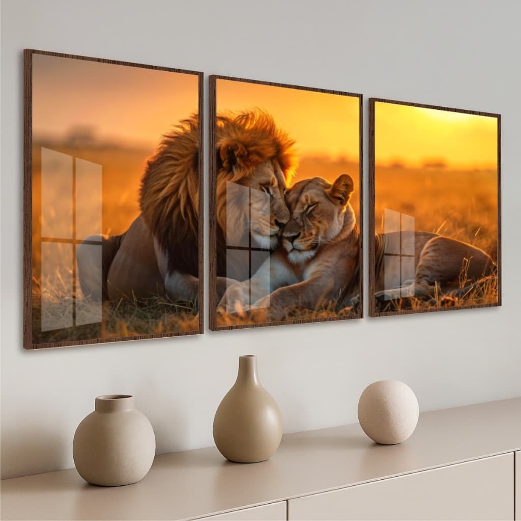 Kit Sofisticado Casal Felino Quadros Com Duas Peças Moldura e Vidro Sala Quarto Escritório