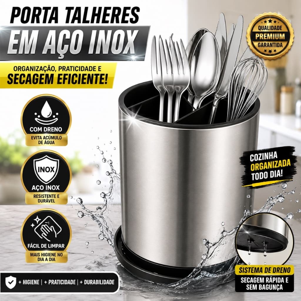 Escorredor Porta Talheres Aço Inox com Dreno Organizador Bancada Cozinha