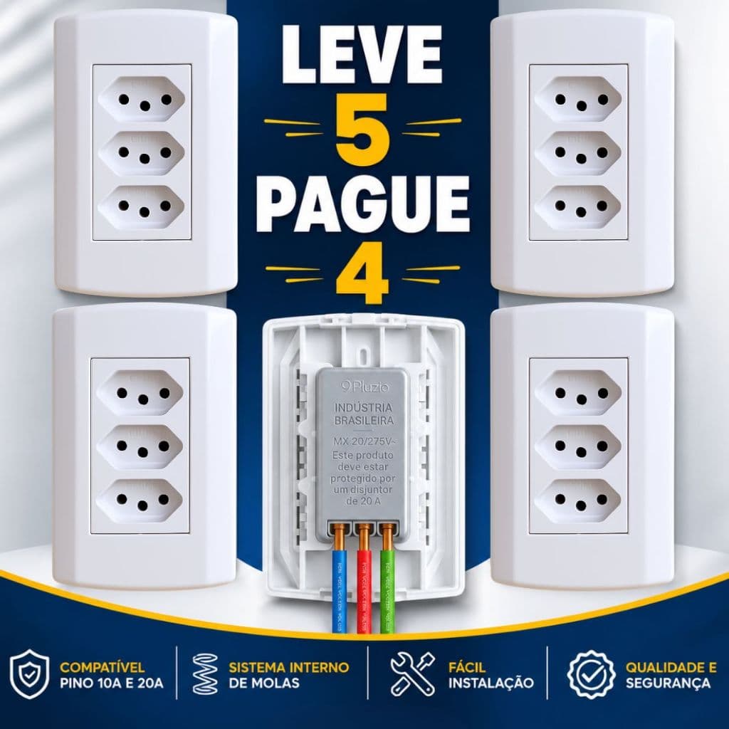 Tomada 20 Amperes Tripla Kit 5 Branca 127V 220V Volts 4x2 Pluzie