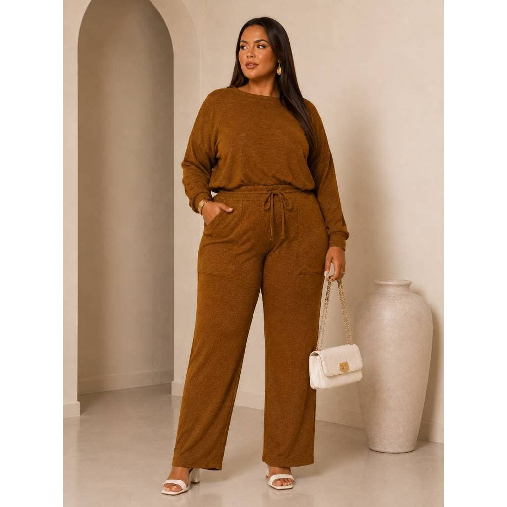 Conjunto Feminino Plus Size Marrom Caramelo Manga Longa Calça Pantalona Com Bolsos Elegante