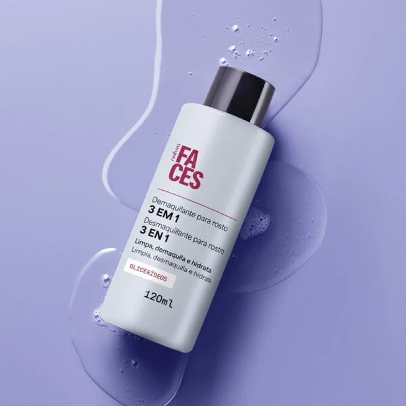 Demaquilante Líquido 3 em 1 Faces 120ml Remove Maquiagem Limpa Hidrata Vegano Sem Óleo