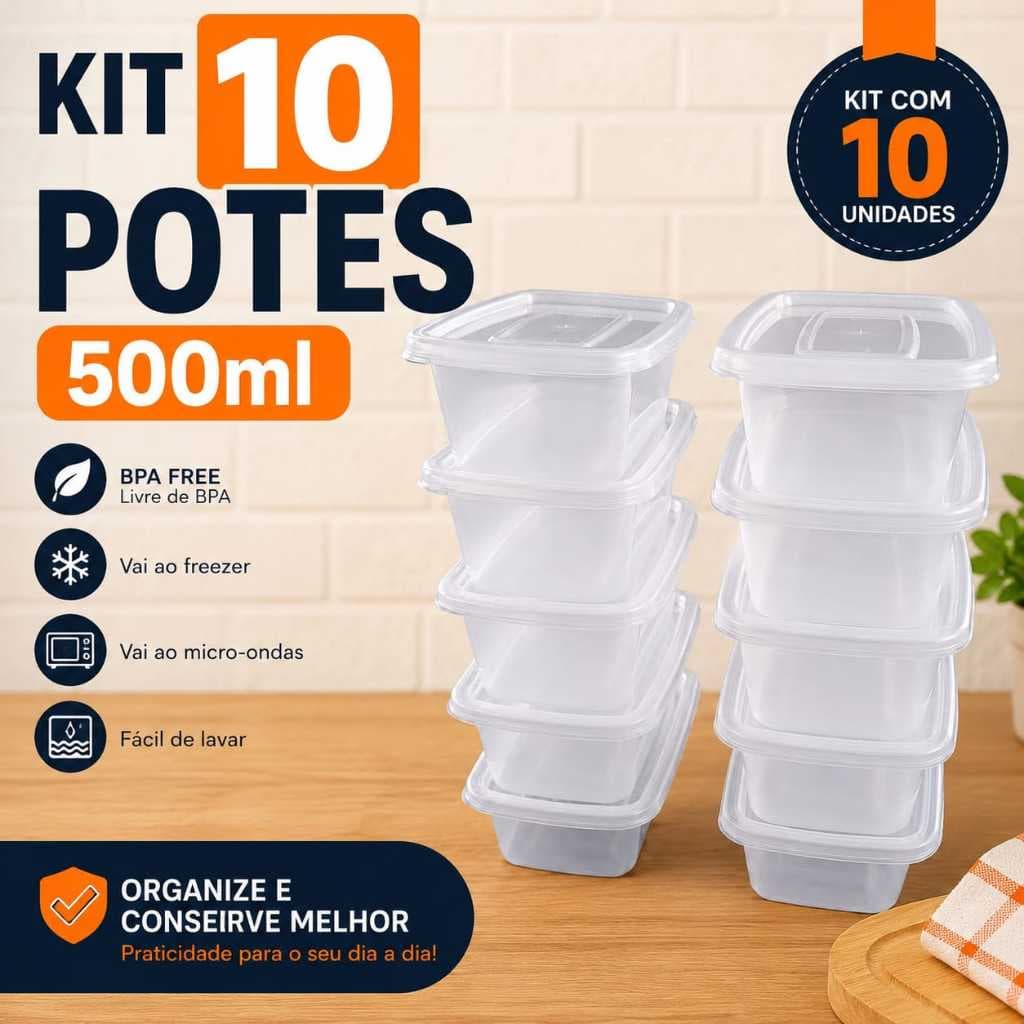 Kit 10 Potes Plásticos 500ml com Tampa Hermética Marmita Freezer Micro-ondas Reutilizável