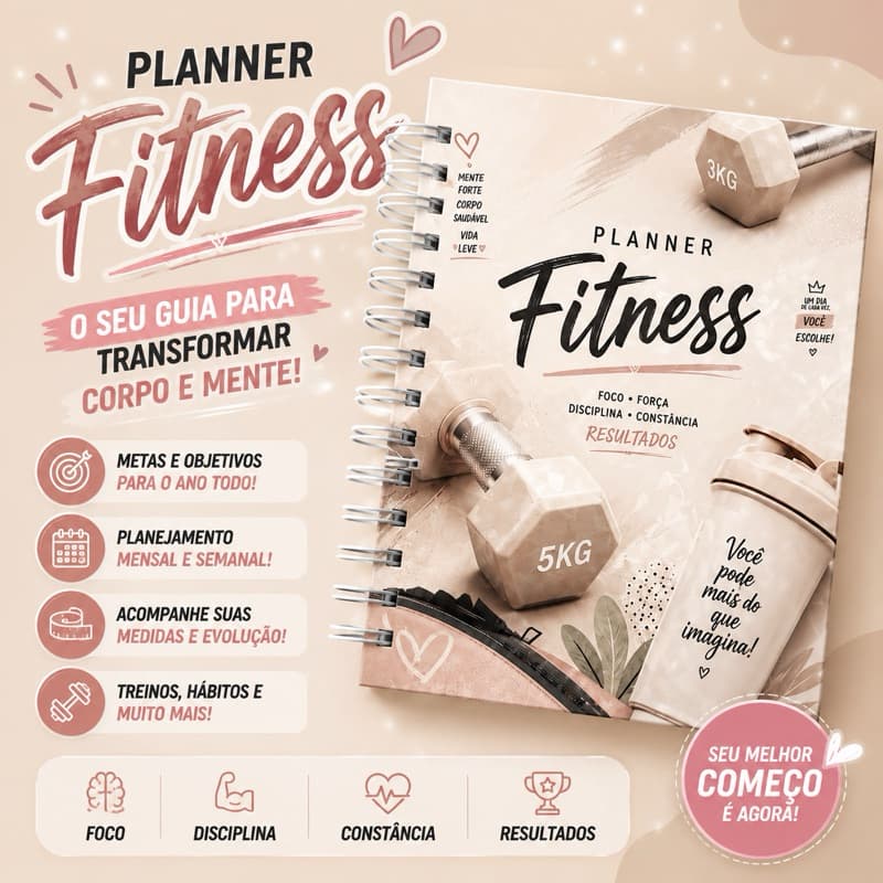 Planner Fitness Completo | Acompanhamento de Treinos, Medidas e Alimentação