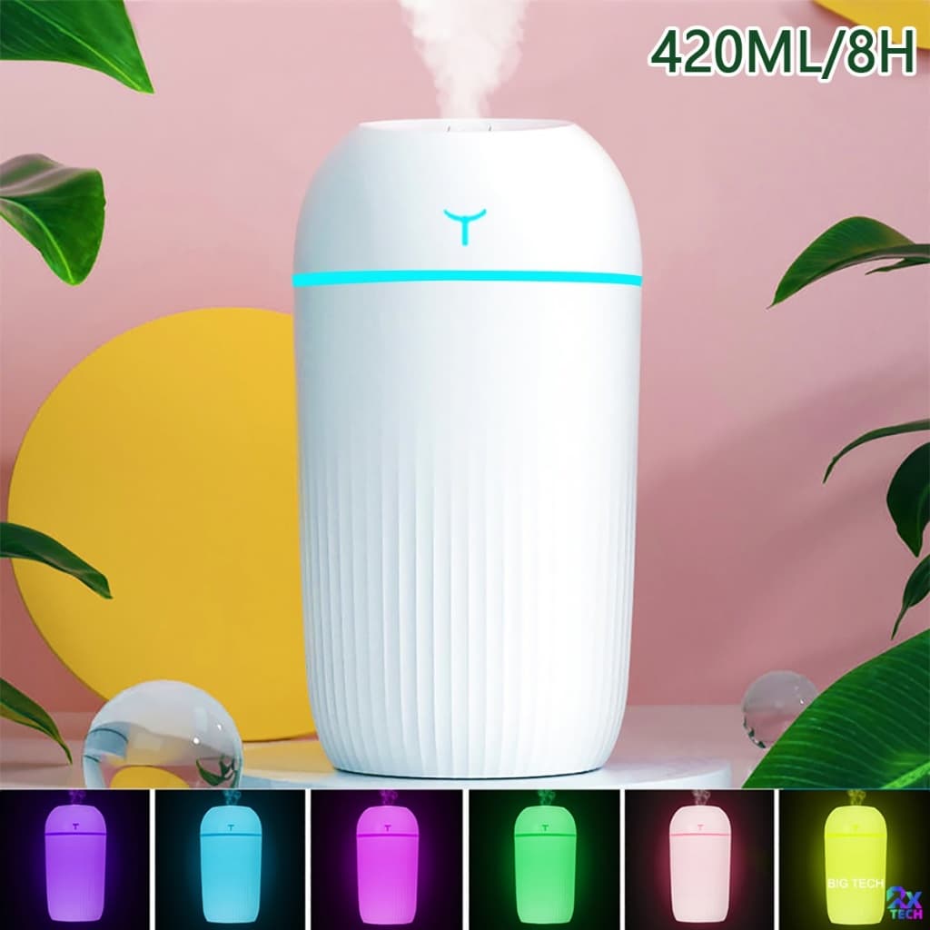 Umidificador Ultrassonico Portatil De Ar Aromatizador De Ambiente Elétrico Mudo 420ML Com 7 cores LED
