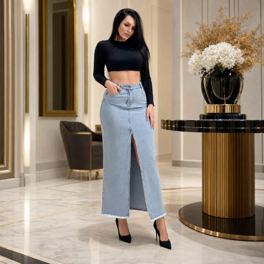 Saia Longa Jeans Feminina Cintura Alta com Fenda Frontal - A.Ming Jeans