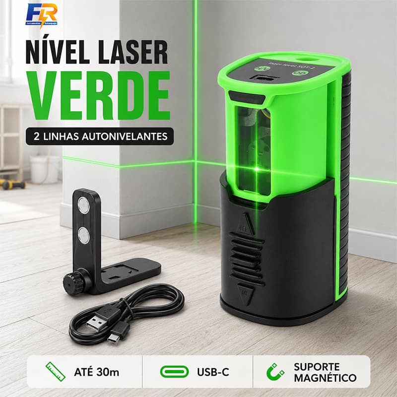 Mini Nível Laser Verde 2 Linhas Autonivelante 30m Recarregável USB-C com Suporte Magnético