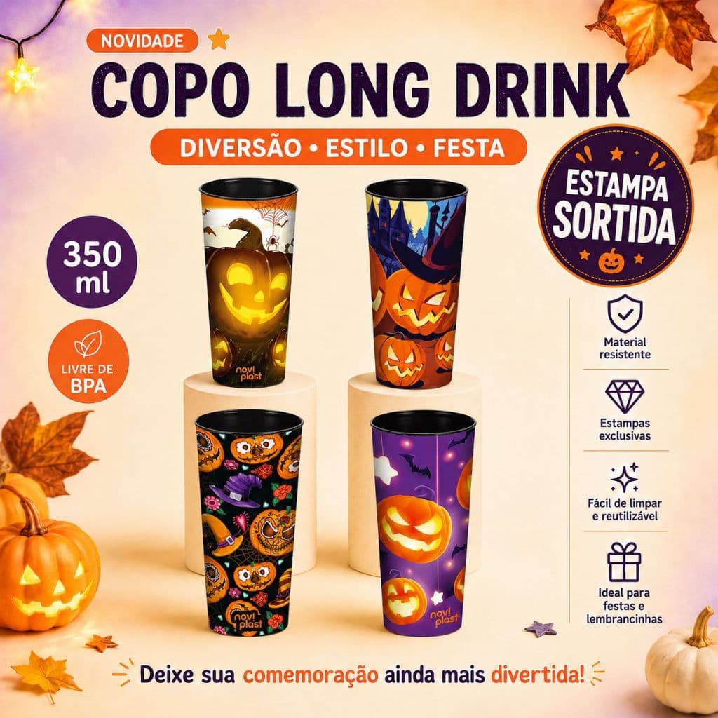 Kit 12 Copos Personalizados Decorados Sortidos Halloween  Abobora 350ml