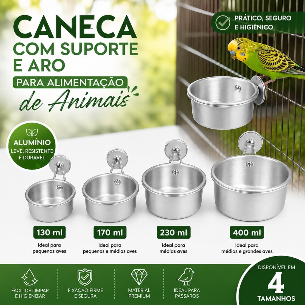 Comedouro Caneca para Pássaros Alumínio com Suporte e Aro.