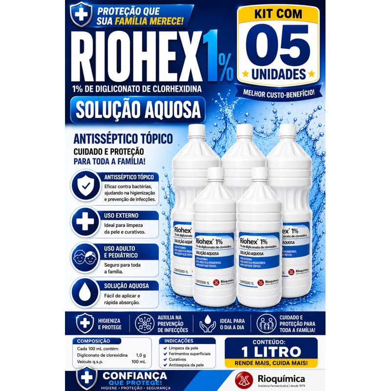 Kit c/ 5 Unidades Riohex Topica Aquosa 1% 1 Litro - Rioquimica
