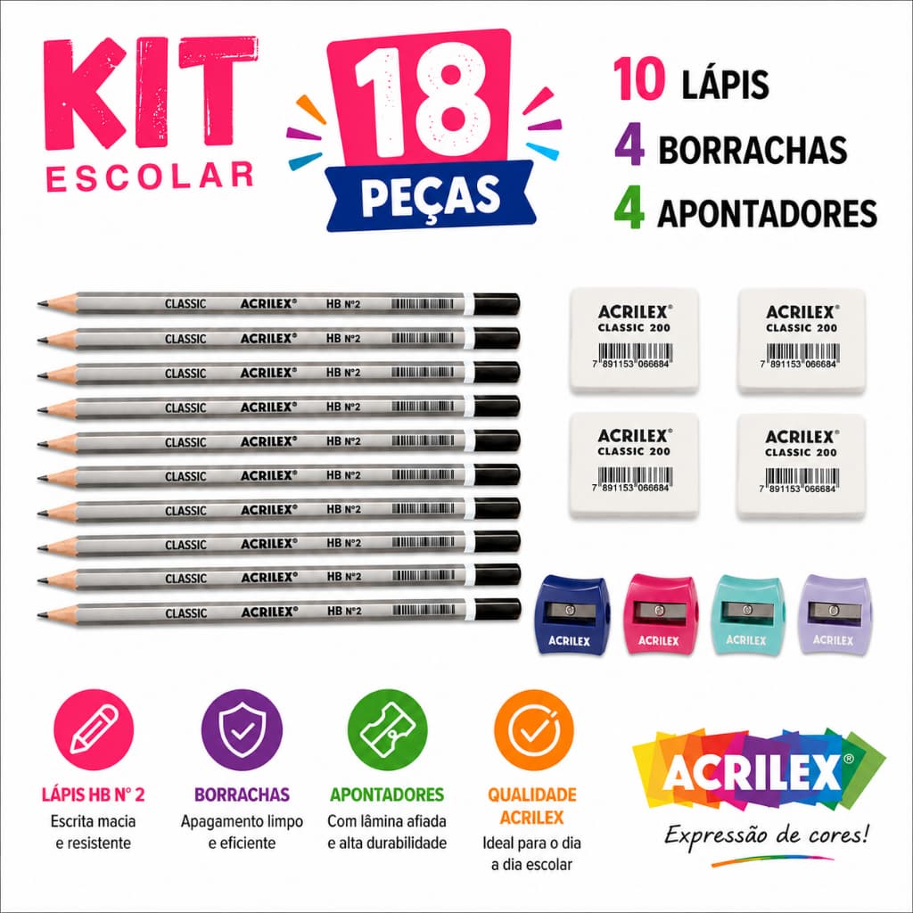 Kit 4 Apontadores Mini 4 Borrachas Brancas 10 lápis HB nº 2 Acrilex