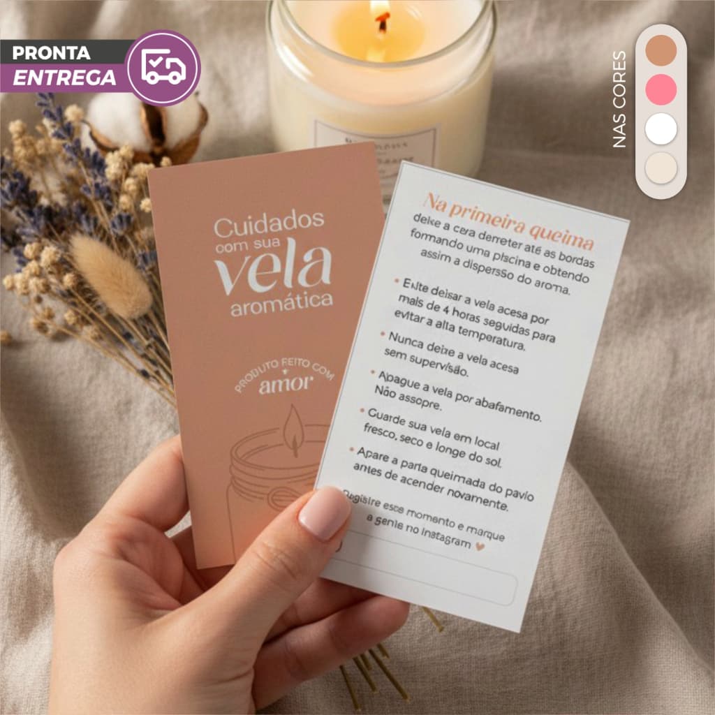 Cartão de cuidados com vela aromática artesanal | Tag para velas | Cuidados com vela aromática 9x5cm