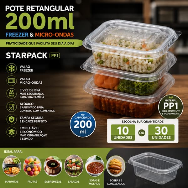 Pote Retangular 200ml PP1 Starpack com Tampa | Freezer e Micro-ondas | 10 ou 30 Unidades