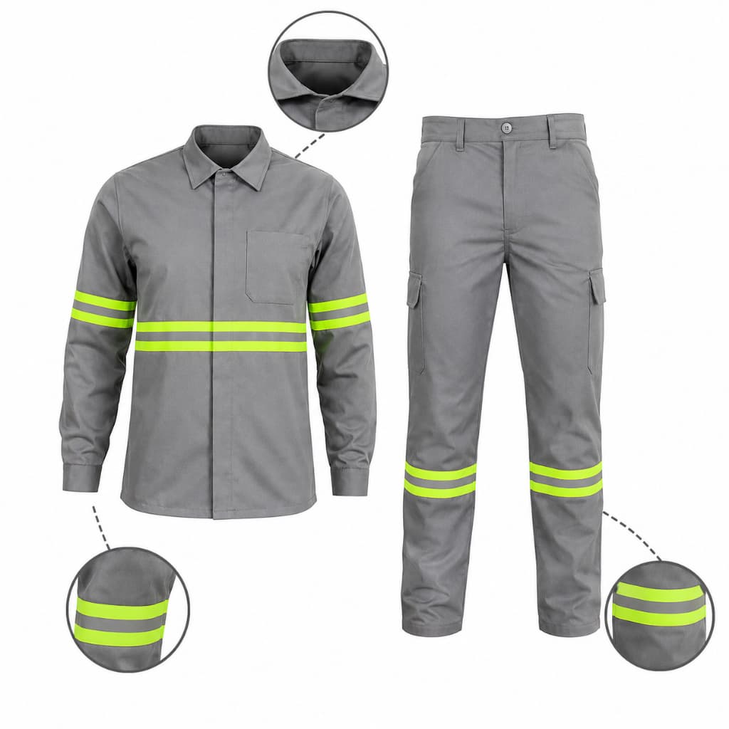Conjunto NR10 Maicol Cedrotech 8048 | Camisa e Calça Cinza com Refletivo Verde | Antichama | EPI Profissional | CA 44108