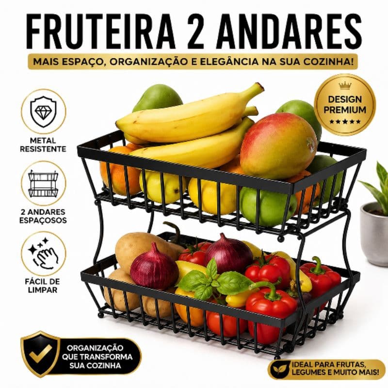 Organizador de Frutas e Legumes Fruteira de Metal 2 Andares Preta para Bancada de Cozinha Élite Basket™