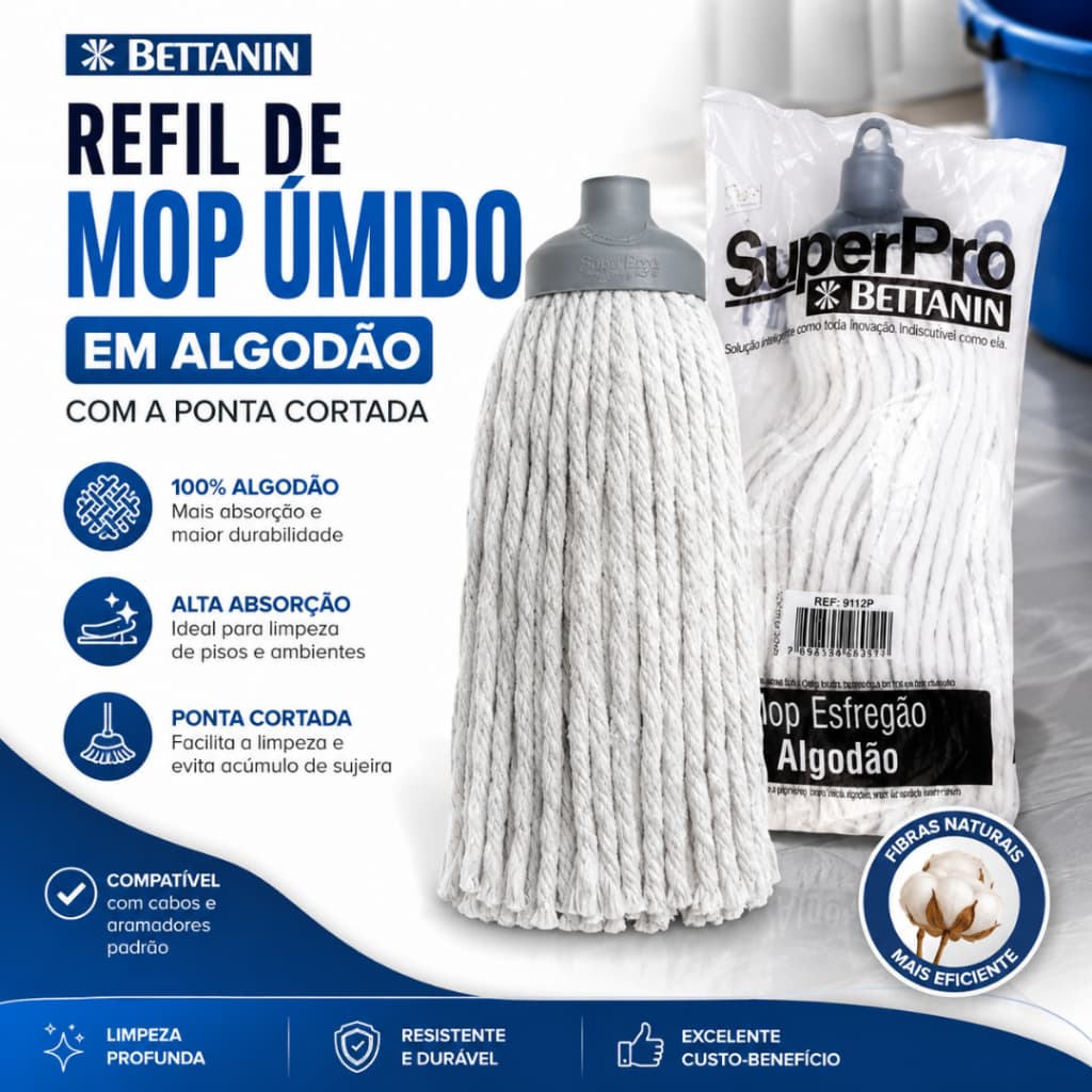 Refil Mop Úmido Algodão Ponta Cortada 190g SuperPro Limpeza Profissional para Cabo Clip Lavanderia
